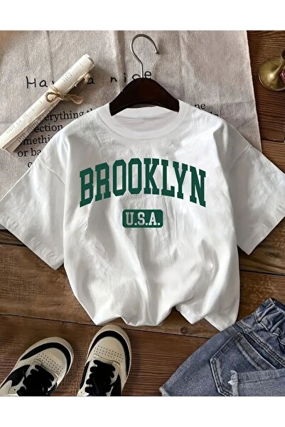 Unısex BROOKLYN USA Baskılı Oversize Bisiklet Yaka T-Shirt