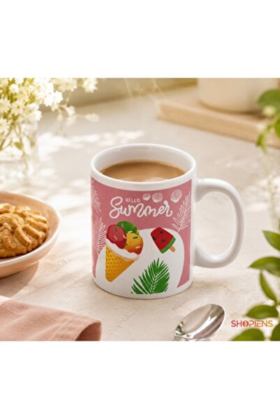 SHOPIENS Cană ceramică  "Bună, Vară " 125ml, albă, cu model cu înghețată, pep...