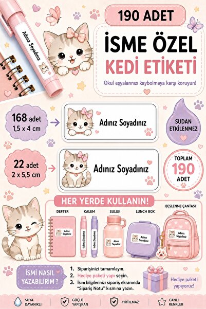 WALLHUMAN 190 Adet İsme Özel Kedi Okul Etiketi Seti – Suya Dayanıklı İsim Eti...