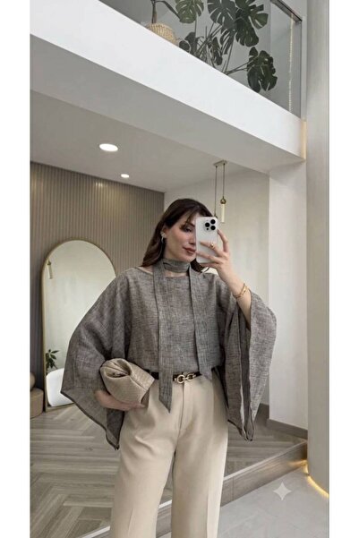 MAESTRO WOMAN Women's Dark Gray Asymmetrical Cape Blouse with Scarf