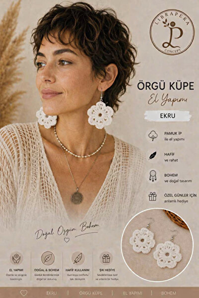 Librapera Concept El Yapımı Ekru Bohem Çiçek Örgü Küpe