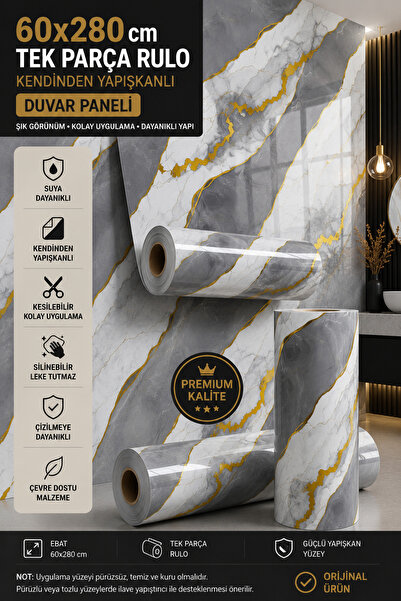 UKAB DEKOR 60x280 Cm Gri Gold Kendinden Yapışkanlı Pratik Seramik Dekoratif M...