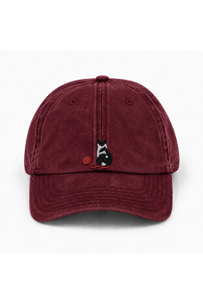 WeavedCo Cat and Wool Ball Embroidered Unisex Vintage Washed Distressed Cap Hat