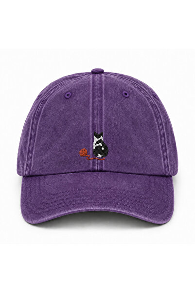 WeavedCo Cat and Wool Ball Embroidered Unisex Vintage Washed Distressed Cap Hat