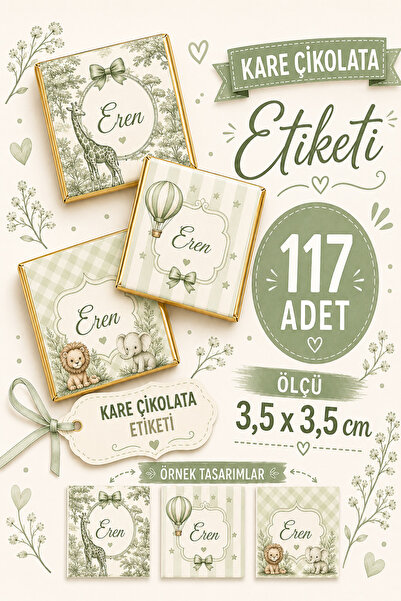 YEAP OFFICE Kişiye Özel Erkek Bebek Kare Çikolata Etiketi 117 Adet 3,5 x 3,5 ...
