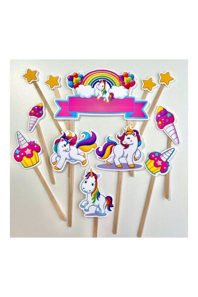 DecoParty Set de decor pentru tort – Tematică UNICORN, 12 piese, Carton, Bețe...