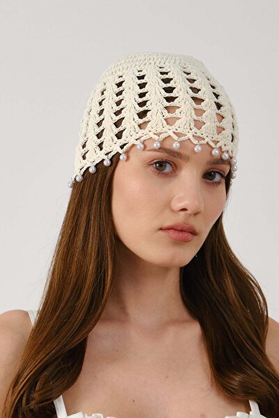 C&City Pearl Detailed Perforated Summer Knitted Beanie Y8252 Cream