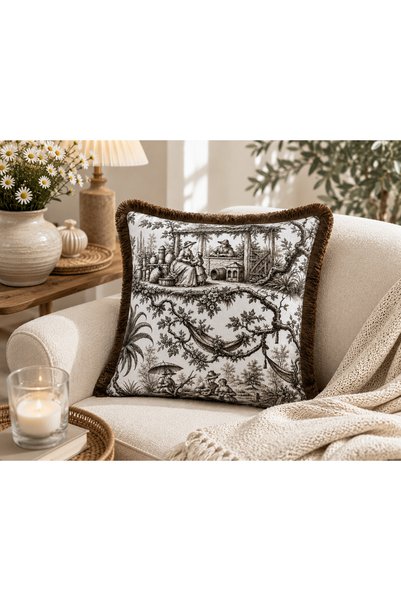 sue collection Vintage French Village Patterned Fringed Cushion Cover 43X43 cm