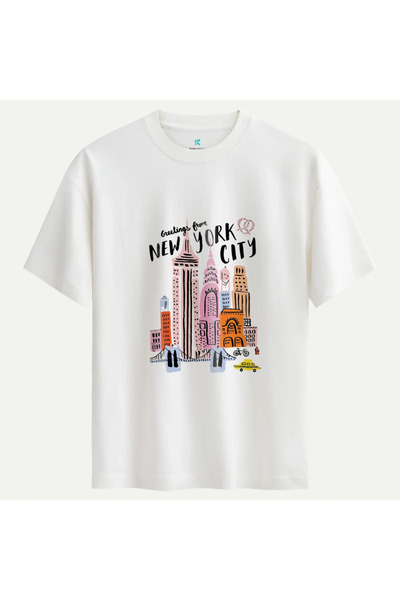 Oversize %100 Pamuk Unisex New York City Baskılı Tişört - Beyaz