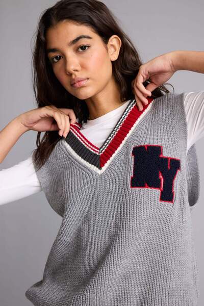 DeFacto Oversize V-Neck Gray Melange Sweater I3132Ax26Au