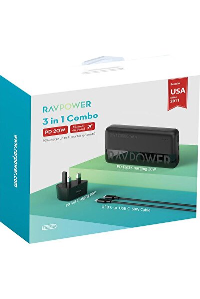 RavPower بنك طاقة 3 في 1؛ كابل 20 واط مع شاحن حائط للسفر بقوة 60 واط من USB-C...