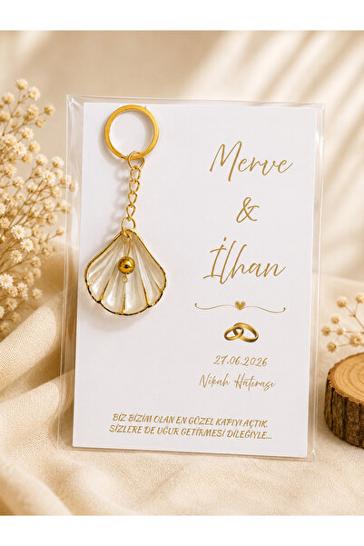 LMS GİFT 15 Adet Gold İncili İstiridye Anahtarlık Nişan Söz Kına Nikah Mevlid...