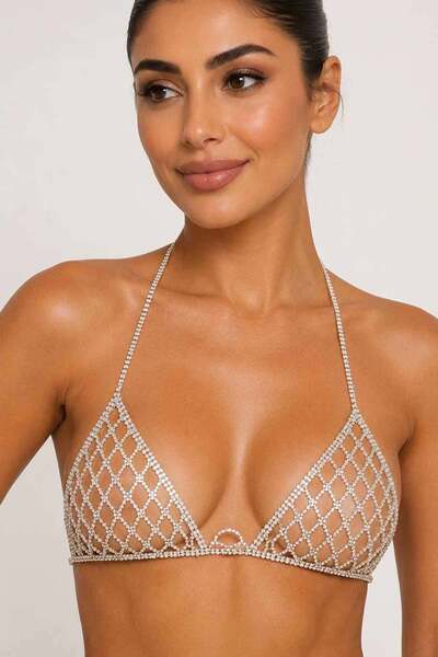 TAKIŞTIR Gümüş Renk Taş Detaylı Bikini Üstü /Bralet /Vücut Aksesuarı