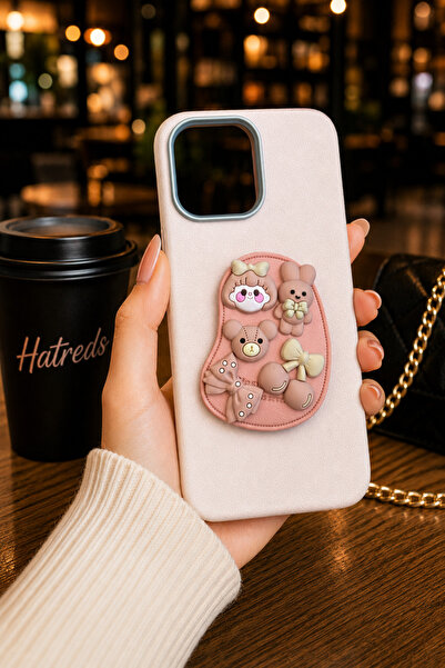Hatreds iPhone 15 Pro Max Uyumlu 3D Pastel Ayıcıklar Figürlü Yumuşak Kılıf