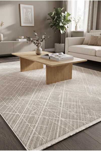 Pastel Modern Çizgili Geometrik Desen Krem Bej Halı Oturma Odası Salon Yatak ...