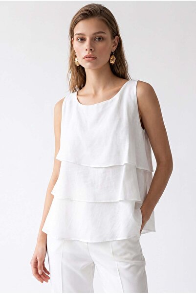 Mixray 2196 Women's Lined Modal Layered Detailed Sleeveless Blouse White