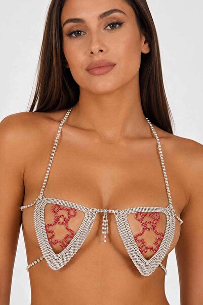 TAKIŞTIR Gümüş Renk Ayıcık Figürlü Taş Detaylı Bikini Üstü /Bralet /Vücut Aks...