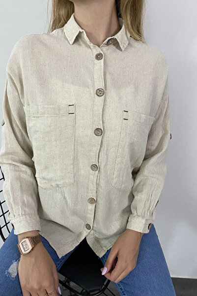 bysoca Women's Beige Cotton Linen Double Pocket Wooden Button Oversize Casual...