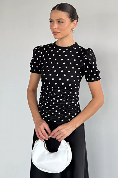 Aryena Black Women's Front Gathered Polka Dot Blouse