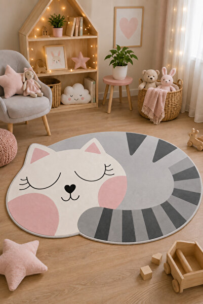 DECOVİST HOME Yıkanabilir, Kaymaz Tabanlı ve Leke Tutmaz Kedi Desenli Çocuk O...