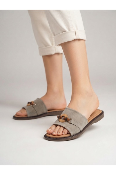 Rüya Shoes Daily Buckle Stone Detailed Genuine Leather Slippers