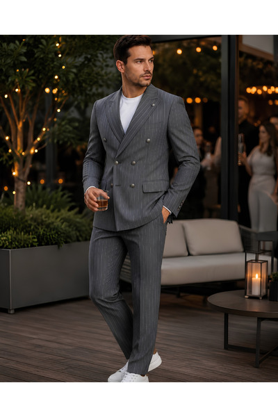 Plus Scorpion Costum bărbătesc premium din două piese, stil clasic italian, sacou slim-fit în dungi și pantaloni, set complet, ținută elegantă pentru nunți, afaceri, birou, petreceri, evenimente formale, smart casual.
