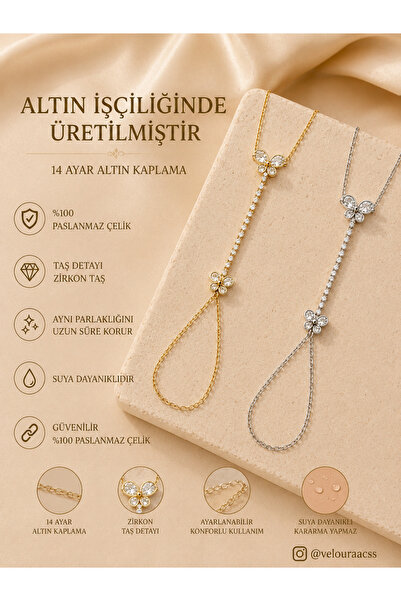 Veloura Çiçek Figürlü Zirkon Taşlı Şahmeran Bileklik 14 Ayar Altın Kaplama Paslanmaz Çelik Gold & Silver