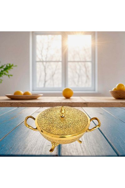 Al Athar Arts Premium Brass Bowl with Lid & Handle Decorative in Gold Finish(Dia:7''xHeight:5''xWeight:1.150kg)
