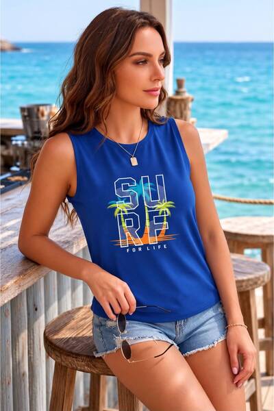 BW Bravely Wear تي شيرت نسائي بدون أكمام مطبوع عليه SURF FOR LIFE (بدون أكتاف)