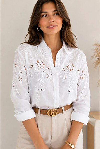 bysoca Women's White Scallop Embroidered Linen Bohemian Pinterest Style Loose...