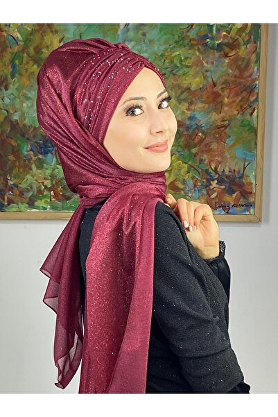 MY UKİYO STORE Simli Düz Büzgülü Sade Abiye Uzun Şal
