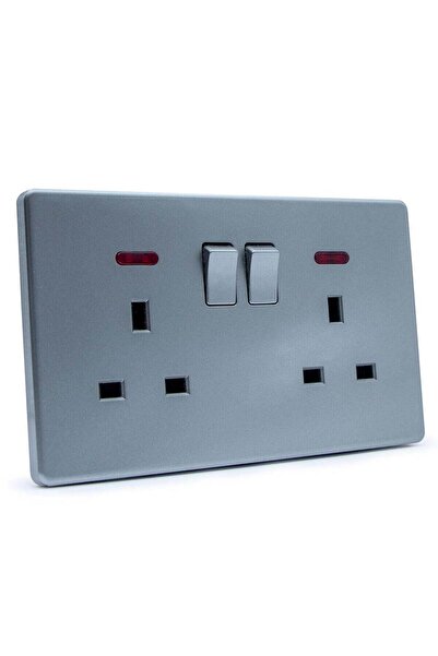 Duravel Double UK Wall Socket with LED Indicators, 2-Gang Switched, Grey