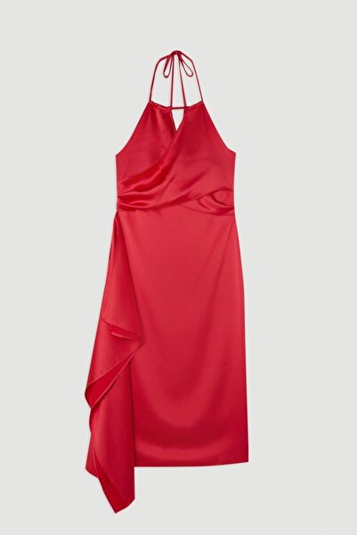NO BRAND Rochie roșie netedă cu volane, cu fermoar, midi, Karen Millen 36