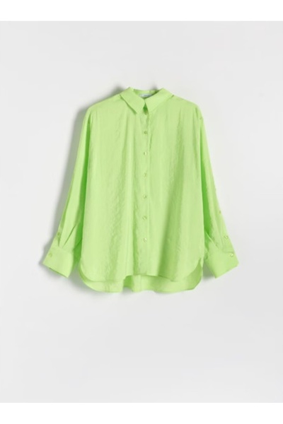 NO BRAND Cămașă verde, netedă, lejeră, cu mânecă lungă și guler, Reserve L