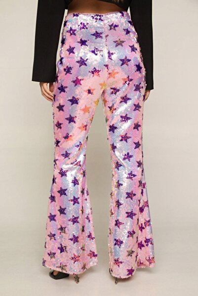 NO BRAND Pantaloni roz strălucitori cu stele din paiete, evazați, Nastygal 42