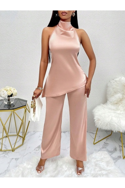 NO BRAND Set Shein 36: Top asimetric roz, pantaloni drepți uni
