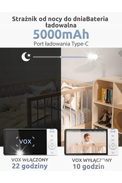 NO BRAND Monitor de bebeluși 5 HD cu cameră VOX, cântece de leagăn și senzor ...
