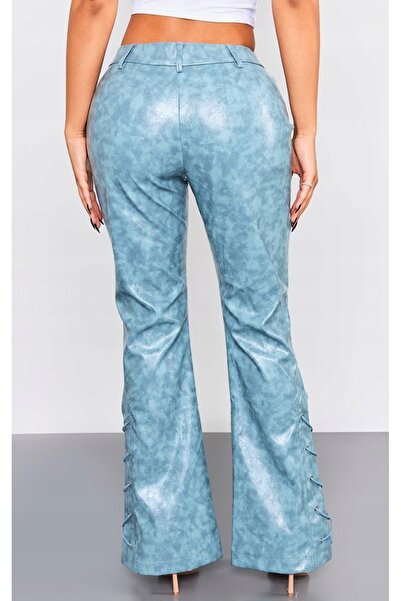 NO BRAND Pantaloni albaștri din piele ecologică, evazați, lungi, PrettyLittle...