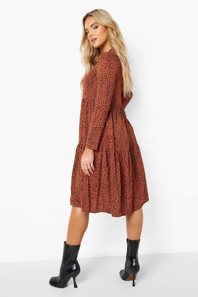 NO BRAND Rochie midi maro, netedă, croială trapezoidală lejeră, cu pete negre...