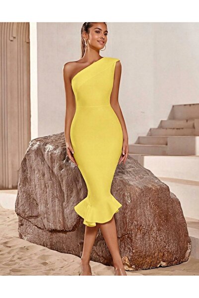NO BRAND Rochie midi tip creion galbenă, cu un umăr, cu volane, de cocktail, ...