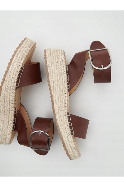 NO BRAND Sandale maro tip espadrilă, cu barete din piele și cataramă, talpă p...