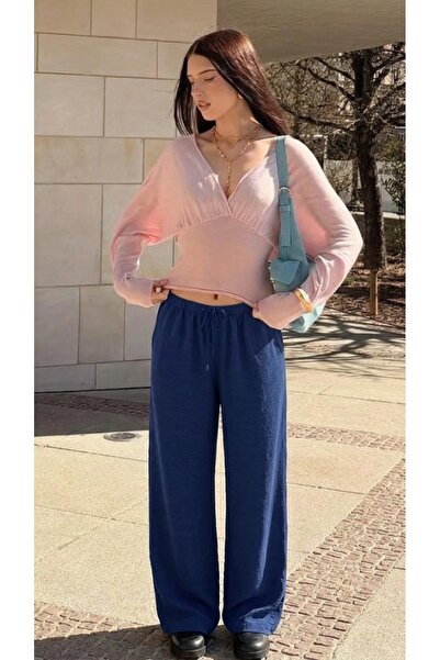 DAMGA JEANS Γυναικείο καλοκαιρινό παντελόνι από λινό σε μπλε ναυτικό χρώμα με...