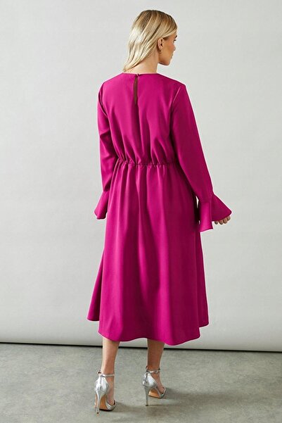 NO BRAND Rochie midi clasică roz cu mâneci largi, decorațiuni și volane Walli...