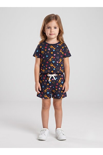Babyqlo Girls Navy Heart and Giraffe Print Co-ord Set