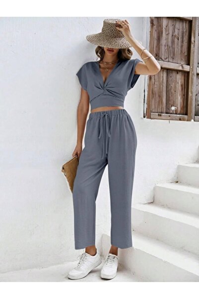 NO BRAND Set gri neted, top scurt mulat și pantaloni lungi Splot, Shein 40/42