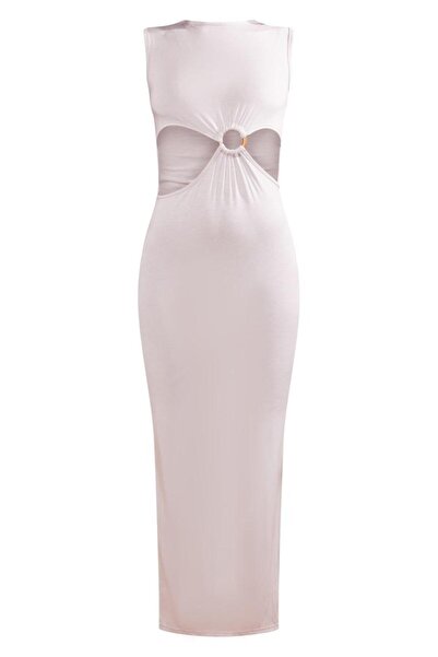 NO BRAND Rochie midi clasică bej, cu mâneci netede și șliț, Prettylittlething 38