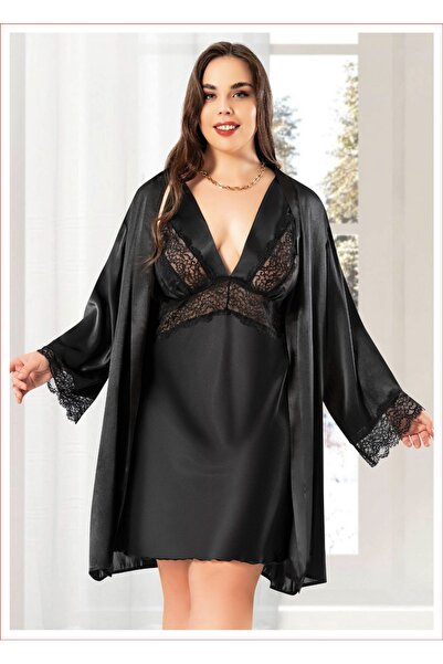 CARLEEN MODA BÜYÜK BEDEN 2’Lİ SİYAH SATEN DANTELLİ GECELİK TAKIMI
