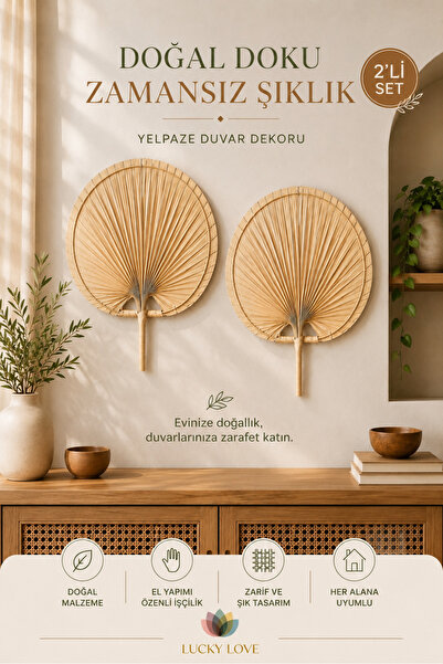 Lucky Love Doğal El Yapımı Yelpaze Duvar Dekoru 53x41 cm Hasır Duvar Süsü Boh...