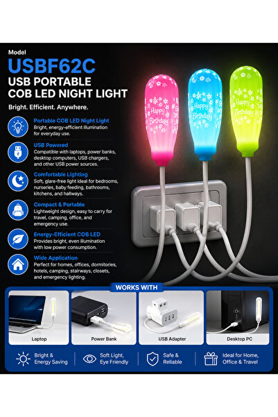 Generic Brand USBF62C 3-in-1 USB Portable COB LED Night Light – Soft Light, E...