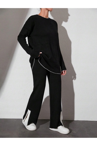 NO BRAND Set tricotat negru clasic, pantaloni drepți, top Shein Universe